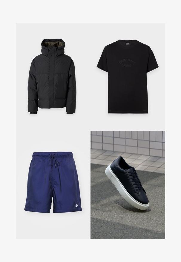 Melna pūdera jaka ar augstu apkakli, dubultām rāvējslēdzēm, sānu kabatām un cepuri. Raksturo gluda ārsiena un oderēta iekšpuse.; Melnas kokvilnas T-krekls ar īsām piedurknēm un apaļu izgriezumu. Priekšpusē ir izceltas ar tonālām burtiem "ORIGINALS Studio".; Jūras zila sporta šortus, kas izgatavoti no viegla materiāla, ar elastīgu jostu un auklu, un ar baltu Nike logo apakšējā malā.; Melnas ādas kedas ar noapaļotu pirkstu un baltu gumijas zoli. Iespējas - plakanas šņorītes un minimāla apdare augšdaļā. Struktūrēta zole, lai nodrošinātu saķeri.