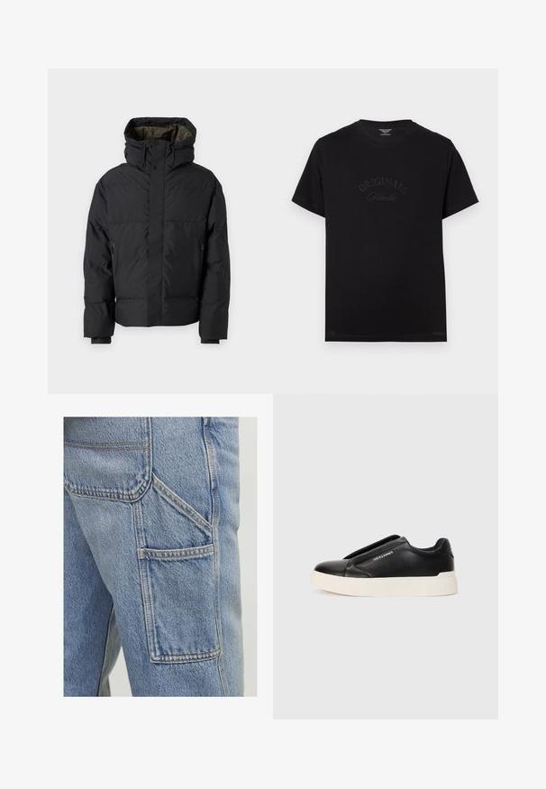 Black puffer jacket with a high neck, dual zippers, side pockets, and a hood. Features a smooth exterior and lined interior.; Black cotton t-shirt with short sleeves and a round neckline. Features "ORIGINALS Studio" embossed in tonal lettering on the front.; Light blue denim cargo pants feature a large side pocket, subtle stitching accents, and a relaxed fit with a slightly textured finish.; Black slip-on sneaker with textured leather upper, white rubber sole, and no visible laces. Features brand logo on the side.