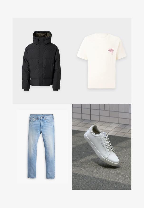 Black puffer jacket with a high neck, dual zippers, side pockets, and a hood. Features a smooth exterior and lined interior.; White short-sleeve T-shirt with red text "Studio Originals Edition" on left chest, displayed on a neutral gray background.; Light blue denim jeans with a straight cut, five pockets, and a button fly. Features subtle fading and orange stitching accents.; White sneaker made of textured leather, featuring a lace-up front, sturdy rubber sole, and minimalistic design with a reinforced toe.