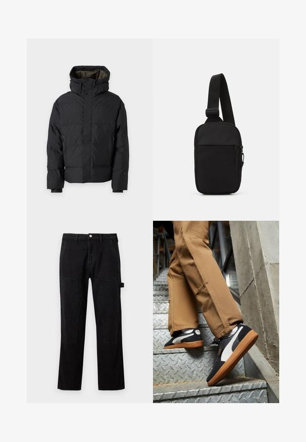 Black puffer jacket with a high neck, dual zippers, side pockets, and a hood. Features a smooth exterior and lined interior.; White cotton t-shirt featuring short sleeves, crew neck, and a red graphic text "DELICIOUS REFRESHING FRUIT" on the front.; Black cotton pants with a straight leg, featuring knee patch details, a button closure, and side pockets. Smooth texture, minimal design.; Black and gray suede sneakers with white accents and gum rubber soles, worn on tan pants while ascending metal stairs.; Black crossbody bag made of durable fabric, featuring a single adjustable strap, a zippered main compartment, and a front pocket.