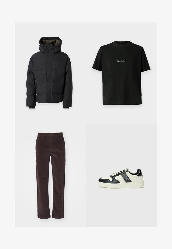 Sort oppustelig jakke med høj krave, dobbelte lynlåse, sidelommer og hætte. Har en glat ydre og foret indvendig.; Sort bomulds T-shirt med korte ærmer, prydet med hvid broderet "Original Studio" tekst på tværs af brystet og en rund udskæring.; Brune fløjl bukser med lige snit, der har knaplukning og oprettede manchetter, der viser en lodret ribbet tekstur.; Lædersneakers i sort og creme farveskema, med perforerede detaljer, en polstret krave og en struktureret ydersål.