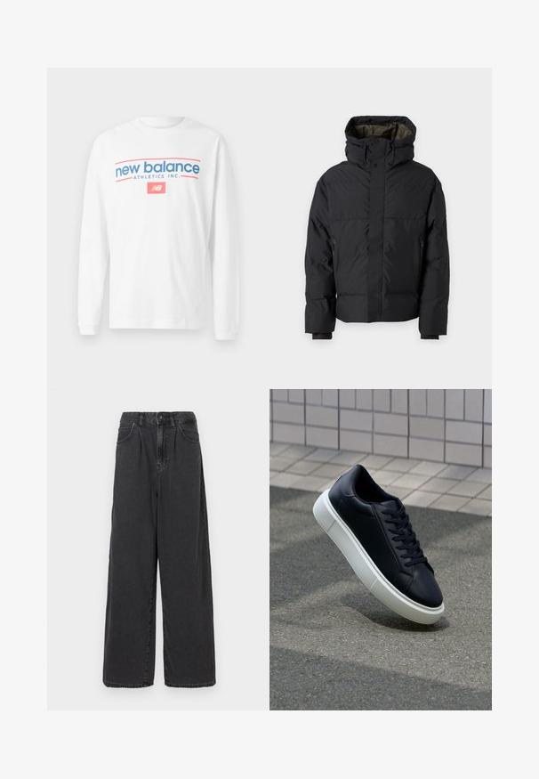 Schwarze Pufferjacke mit hohem Kragen, doppelten Reißverschlüssen, seitlichen Taschen und Kapuze. Merkmale sind ein glatter Außenstoff und ein gefüttertes Innenfutter.; Weißes Langarm-T-Shirt aus Baumwolle; mit "new balance" und "ATHLETICS INC." in blauer und pinker Schrift sowie einem Logo auf der Vorderseite.; Weite, hoch geschnittene schwarze Jeanshose mit einem Frontknopf und Reißverschluss, ausgestattet mit seitlichen Taschen und einer glatten Textur.; Schwarze Leder-Sneaker mit runder Zehenpartie und weißer Gummisohle. Verfügt über flache Schnürsenkel und minimale Nähte im Obermaterial. Strukturiertes Sohlenprofil für besseren Halt.