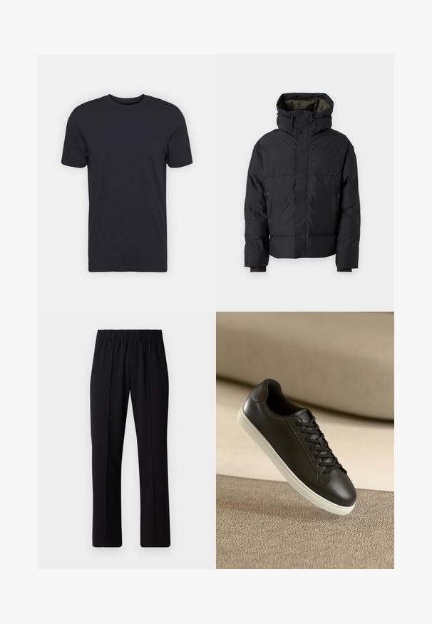 Černá péřová bunda s vysokým límcem, dvojitými zipy, bočními kapsami a kapucí. Má hladký povrch a podšívku.; Černé bavlněné tričko, krátké rukávy, kulatý výstřih, jednobarevné, lehká tkanina, hladká textura, žádné viditelné vzory nebo grafika.; Černé kalhoty s elastickým pasem a rovnými nohavicemi, s hladkým povrchem a bez viditelných vzorů nebo kovových doplňků.; Černé kožené tenisky s bílou gumovou podrážkou a černými tkaničkami, umístěné na béžovém textilním povrchu a pozadí.