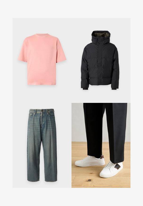 Fekete puffdzseki magas nyakkal, dupla cipzárral, oldalsó zsebekkel és kapucnival. Simább külső és bélelt belső jellemzi.; Világos rózsaszín pamut póló kerek nyakkal, rövid ujjú és laza fazonú. Simaság jellemzi, látható minták vagy díszítések nélkül.; Világoskék farmernadrág, laza fazonnal, közepes derékbőséggel és egyenes szárral. Öt zsebet, övbucskát és gombos záródást tartalmaz.; Fehér sneaker, sima textúrával, barna bőr díszítéssel és fekete részletekkel, fekete szabott nadrággal párosítva. Fából készült padló háttér.