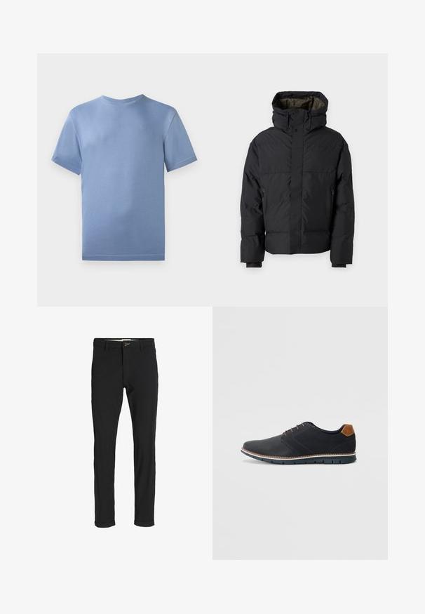 Musta puffatakki korkealla kauluksella, kaksoissivuvetoketjulla, sivutaskuilla ja hupulla. Ominaisuuksiin kuuluu sileä ulkopinta ja vuorattu sisäpinta.; Vaaleansininen puuvillainen t-paita, jossa on pyöreä pääntie, lyhyet hihat ja hienovaraisia ompeluyksityiskohtia. Rinnassa pieni logo.; Mustat puuvillasekoitehousut, joissa on slim fit -leikkaus, napitus, taskut ja käärityt lahkeet rentoa ilmettä varten.; Mustat synteettiset kengät, joissa on teksturoitu päällinen, sileät yksityiskohdat, ruskea kanta ja erottuva pohja. Ominaisuuksina minimaalinen nauhoitus ja ompeluyksityiskohdat.