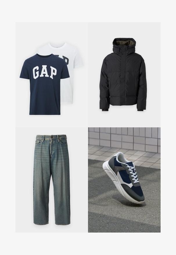 Jachetă puffer neagră, cu gât înalt, două fermoare, buzunare laterale și glugă. Are un exterior neted și un interior căptușit.; Două tricouri de la GAP; unul albastru marin cu logo-ul alb "GAP", celălalt alb cu logo-ul verde închis "GAP". Fabricate din bumbac, design cu guler rotund.; Jeans din denim bleu deschis, cu o croială lejeră, talie medie și picioare drepte. Au cinci buzunare, bucle pentru curea și închidere cu nasture.; Adidași cu un uppers din plasă albastră închisă, accente din suede gri, talpă din cauciuc alb și șireturi plate albe, concepuți pentru confort și respirabilitate.