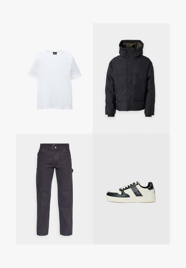 Sort oppustelig jakke med høj krave, dobbelte lynlåse, sidelommer og hætte. Har en glat ydre og foret indvendig.; Hvid bomulds T-shirt med korte ærmer, rund halsudskæring og en afslappet pasform. Glat tekstur uden mønstre eller udsmykninger.; Mørkegrå cargo-bukser lavet af slidstærkt stof, med lige ben, fem lommer og en knaplukning i taljen.; Lædersneakers i sort og creme farveskema, med perforerede detaljer, en polstret krave og en struktureret ydersål.