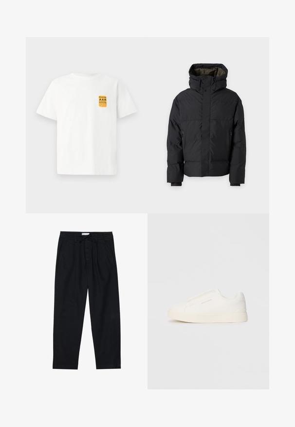 Jachetă puffer neagră, cu gât înalt, două fermoare, buzunare laterale și glugă. Are un exterior neted și un interior căptușit.; Tricou alb din bumbac, cu mâneci scurte, având un design grafic galben și negru în partea stângă sus.; Pier One Pantaloni chino - black; Tenisi albi slip-on cu o suprafață texturată, talpă groasă și un design minimalist. Prezintă logo-ul brandului pe lateral.
