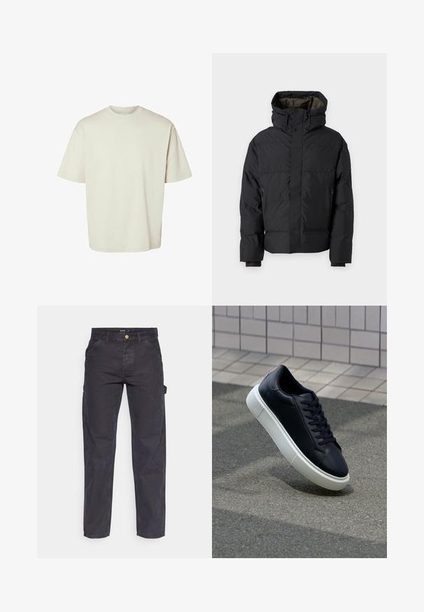 Fekete puffdzseki magas nyakkal, dupla cipzárral, oldalsó zsebekkel és kapucnival. Simább külső és bélelt belső jellemzi.; Túlméretezett, crew neck póló világosbézs színben, puha pamut anyagból készült. Rövid ujjak, laza fit, és sima design, minta nélkül.; Sötétszürke cargo nadrág tartós anyagból, egyenes szárú fazonnal, öt zsebbel és gombos derékzárral.; Fekete bőr sportcipő lekerekített orral és fehér gumitalppal. Lapos fűzőkkel és minimális varrásokkal rendelkezik a felsőrészén. Mintás talp a tapadásért.