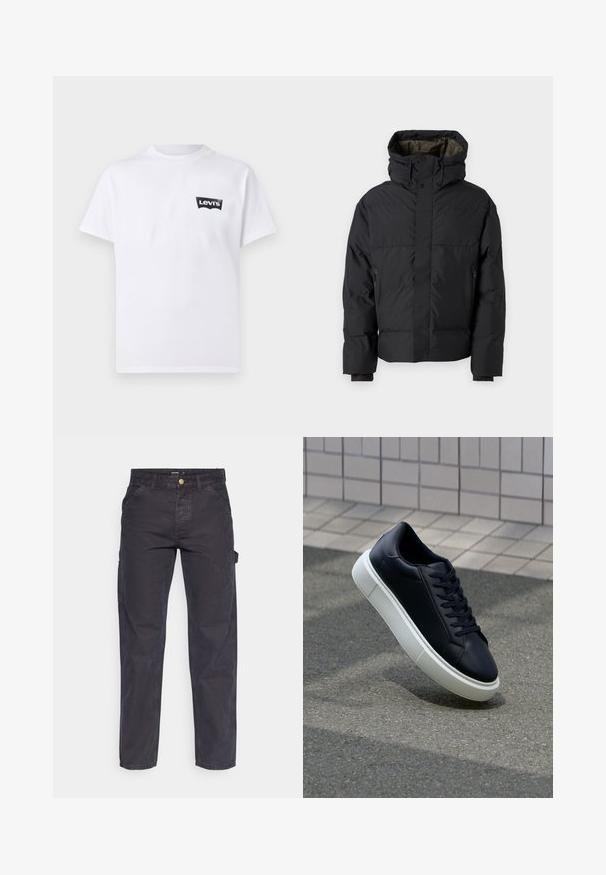 Jachetă puffer neagră, cu gât înalt, două fermoare, buzunare laterale și glugă. Are un exterior neted și un interior căptușit.; Tricou alb din bumbac, cu un logo negru Levi's în zona stângă a pieptului. Design clasic cu guler rotund și mâneci scurte.; Pantaloni cargo gri închis, confecționați dintr-un material durabil, cu croială dreaptă, cinci buzunare și închidere cu nasture la talie.; Tenis cu piele neagră, cu vârful rotund și talpă din cauciuc alb. Are șireturi plate și cusături minime pe suprafață. Tălpile texturate oferă aderență.