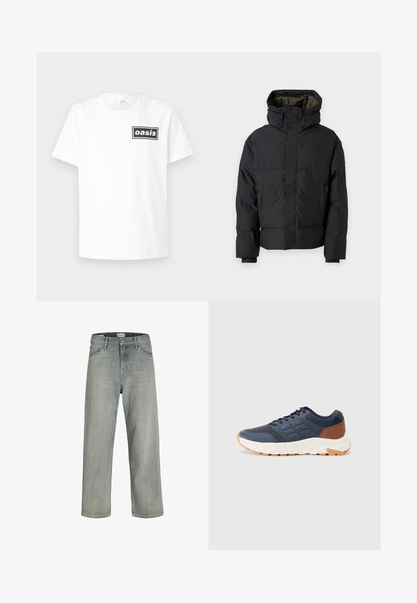 Zwarte pufferjack met hoge kraag, dubbele ritsen, zijzakken en een capuchon. Heeft een gladde buitenkant en een gevoerde binnenkant.; Witte katoenen t-shirt met een zwart rechthoekig logo waarin het woord "oasis" gecentreerd staat. Korte mouwen en een klassiek ronde halsontwerp.; Lichtgrijze, loszittende spijkerbroeken van denim. Beschikt over een klassiek vijf-pocket ontwerp, riemlussen en een rechte pijp silhoët.; Marineblauwe sportschoenen met een bruine hakaccent, textuur mesh bovenwerk, gevoerde kraag en een witte rubberen zool met een gemusterde profiel.