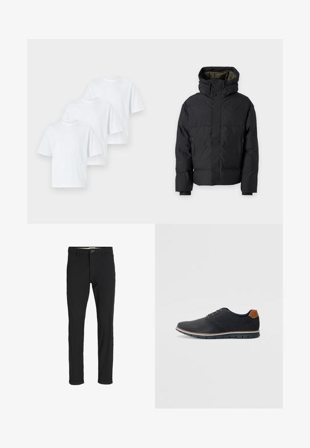 Fekete puffdzseki magas nyakkal, dupla cipzárral, oldalsó zsebekkel és kapucnival. Simább külső és bélelt belső jellemzi.; Három fehér pamut póló, rövid ujjú és kerek nyakkivágású, egy sima háttéren együtt kiállítva. Nincsenek látható minták vagy díszítések.; Fekete pamut keverék nadrág, slim fit szabással, gombos záródással, zsebekkel és felgöngyölt szárakkal a laza végeredményért.; Fekete szintetikus cipők, textúrált felsőrésszel, sima díszítésekkel, barna sarkával és kontrasztos talppal. Minimális fűzéssel és varrási részletekkel rendelkezik.