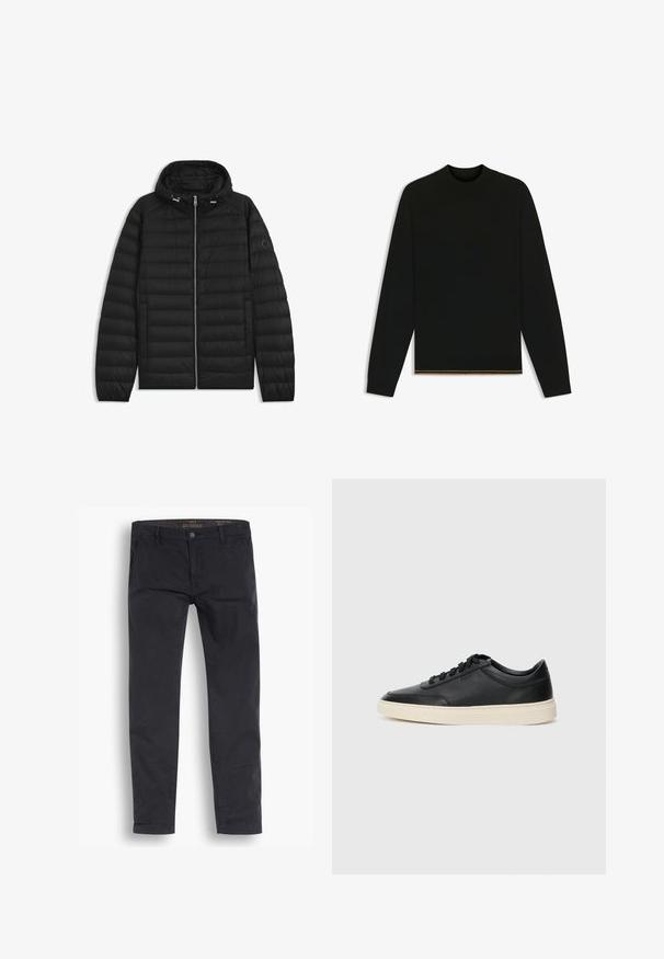 Svart puffjacka med huva, med quiltade paneler, framdragkedja och sidofickor. Inkluderar en liten logotyp på vänster ärm.; Svart stickad tröja med långa ärmar och hög krage. Har en guldaccent vid fållen. Slät textur och figurnära design.; Svarta chinos i bomull. Har en standard taper-design, framfickor och en knappstängning med en slät textur.; Svart låg skor i läder med svarta snören och off-white sula, visas i sidoprofil på vit bakgrund.
