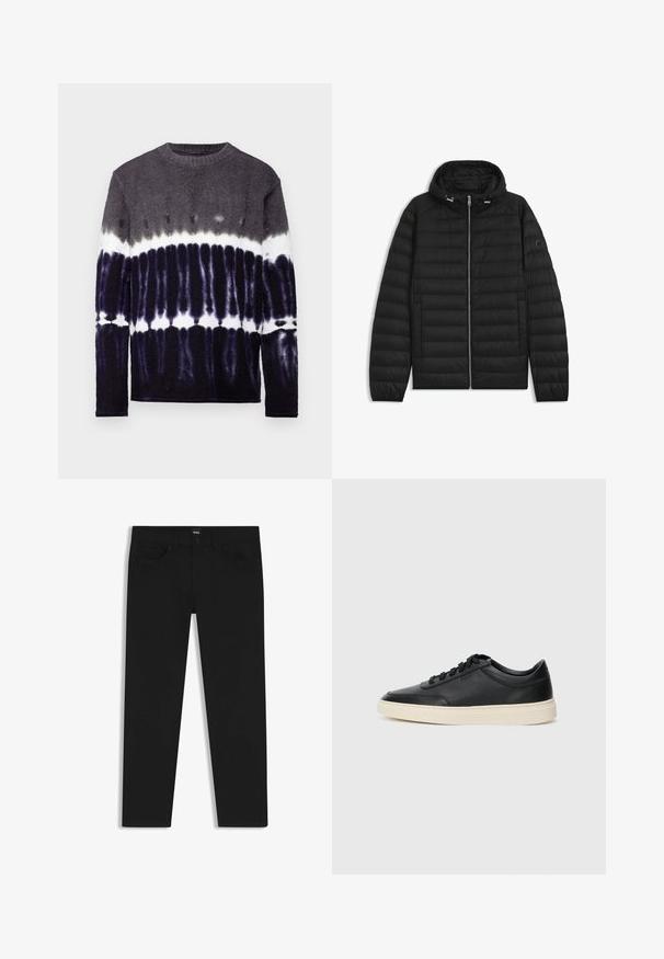 Schwarze Daunenjacke mit Kapuze, ausgestattet mit gesteppten Paneelen, einem Reißverschluss auf der Vorderseite und Seitentaschen. Enthält ein kleines Logo auf dem linken Ärmel.; Langarm-Pullover mit einem Farbverlauf-Tie-Dye-Muster in Grautönen, Schwarz und Weiß; weiche Textur und runder Ausschnitt.; Schwarze Denim-Hosen mit geradem Schnitt, ausgestattet mit einem Standardbund, fünf Taschen und einem Knopfverschluss. Angenehme, glatte Textur.; Schwarzer niedriger Ledersneaker mit schwarzen Schnürsenkeln und cremefarbenem Sohlenrand, seitlich auf weißem Hintergrund dargestellt.