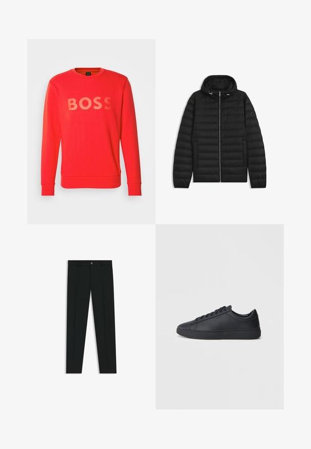 Black puffer jacket with a hood, featuring quilted panels, a front zipper, and side pockets. Includes a small logo on the left sleeve.; BOSS SALBO - Sweatshirt - open red; Black dress pants with a straight-leg design, made of smooth fabric. Features a front button closure and belt loops. Plain without patterns.; Black sneakers made of smooth leather with a low-top design, round toe, and flat rubber sole. Features laces and subtle branding.
