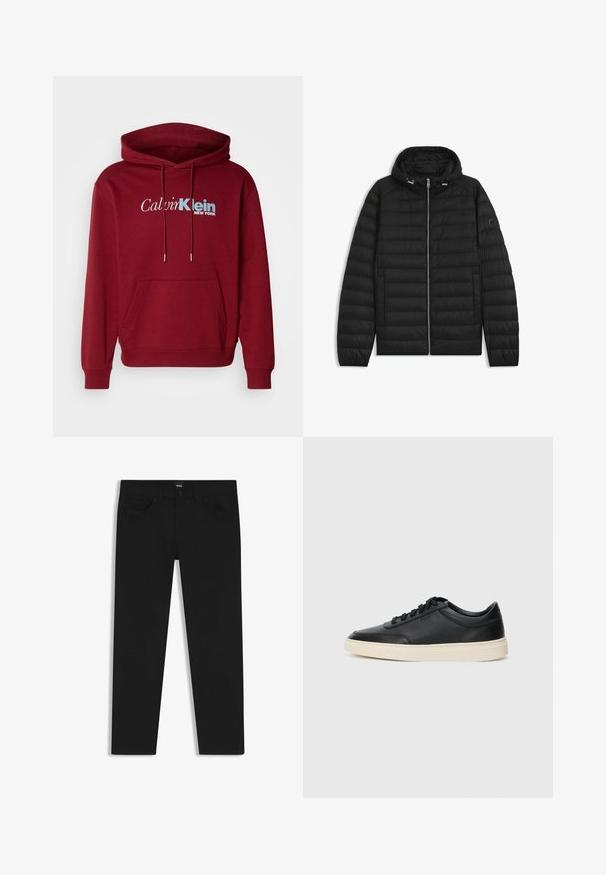 Zwarte pufferjack met een capuchon, voorzien van doorgestikte panelen, een rits aan de voorkant en zijzakken. Inclusief een klein logo op de linker mouw.; Bordeaux capuchon sweatshirt van fleece stof met een kangoeroezak, geribde manchetten en het "Calvin Klein NEW YORK" logo in wit en blauw.; Zwarte denim broek met een rechte snit, voorzien van een standaard tailleband, vijf zakken en een knoopsluiting. Gladde textuur overal.; Zwarte leren sneaker met lage schacht, zwarte veters en off-white zool, weergegeven in zijprofiel op een witte achtergrond.
