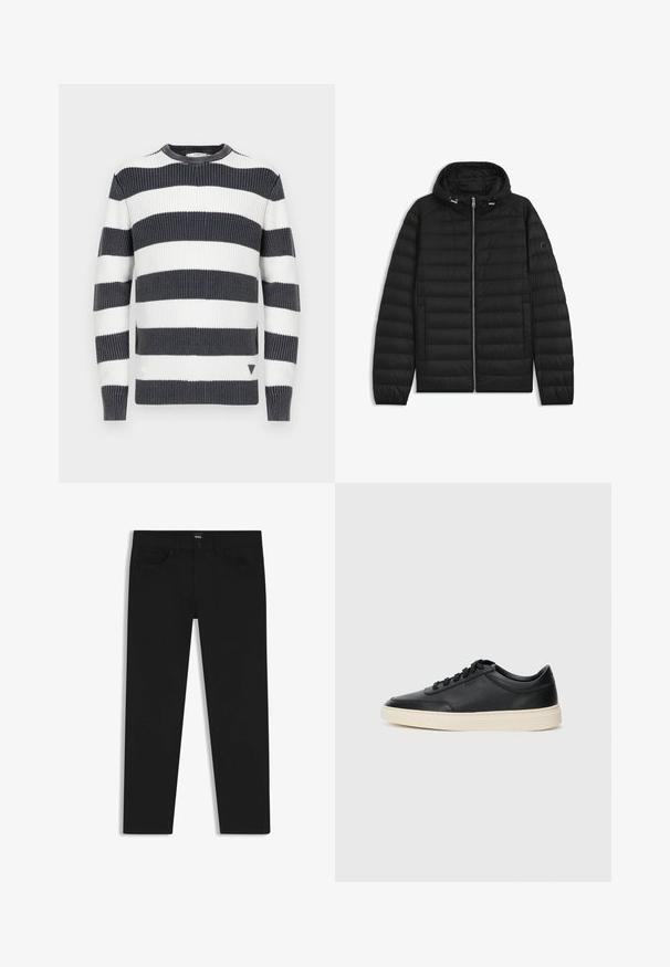 Zwarte pufferjack met een capuchon, voorzien van doorgestikte panelen, een rits aan de voorkant en zijzakken. Inclusief een klein logo op de linker mouw.; Gestreepte trui met dikke marineblauwe en witte horizontale strepen; geribbelde textuur; ronde hals; kleine driehoekige accenten aan de zoom.; Zwarte denim broek met een rechte snit, voorzien van een standaard tailleband, vijf zakken en een knoopsluiting. Gladde textuur overal.; Zwarte leren sneaker met lage schacht, zwarte veters en off-white zool, weergegeven in zijprofiel op een witte achtergrond.