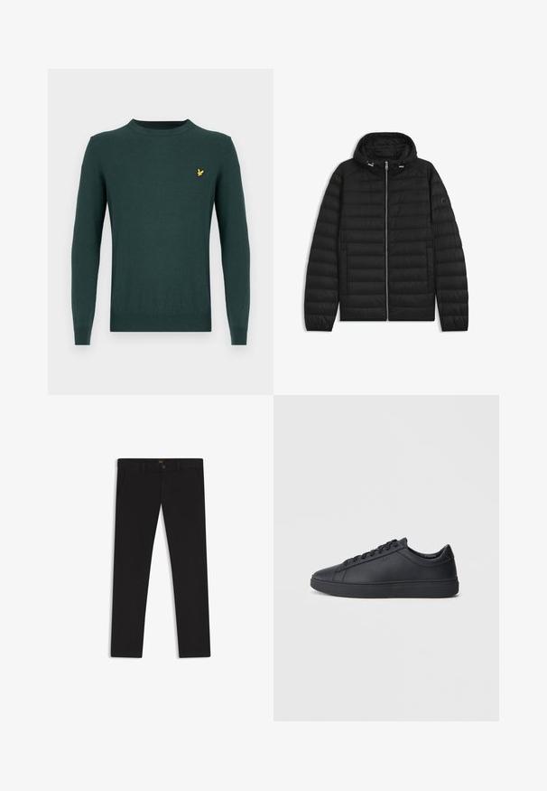 Svart puffjacka med huva, med quiltade paneler, framdragkedja och sidofickor. Inkluderar en liten logotyp på vänster ärm.; Mörkgrön stickad tröja med långa ärmar, rundad halsringning och en liten gul fågel-logotyp på bröstet. Slät textur, utan mönster.; Svarta byxor gjorda av tyg med en slät textur. Har en knäppning med knapp, bälteshällor och sidofickor. Standard rakt ben-design.; Svarta sneakers i slätt läder med låg design, rund tå och platt gummisula. Har snörning och subtil branding.