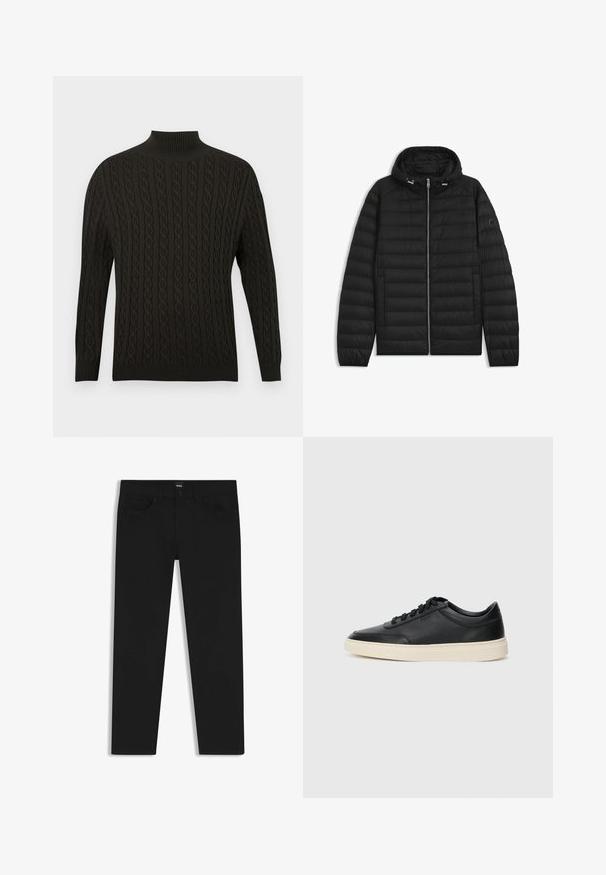 Schwarze Daunenjacke mit Kapuze, ausgestattet mit gesteppten Paneelen, einem Reißverschluss auf der Vorderseite und Seitentaschen. Enthält ein kleines Logo auf dem linken Ärmel.; Schwarzer Strickpullover mit hohem Rollkragen, strukturiertem Kabeldesign, langen Ärmeln und gerippten Bündchen und Saum.; Schwarze Denim-Hosen mit geradem Schnitt, ausgestattet mit einem Standardbund, fünf Taschen und einem Knopfverschluss. Angenehme, glatte Textur.; Schwarzer niedriger Ledersneaker mit schwarzen Schnürsenkeln und cremefarbenem Sohlenrand, seitlich auf weißem Hintergrund dargestellt.