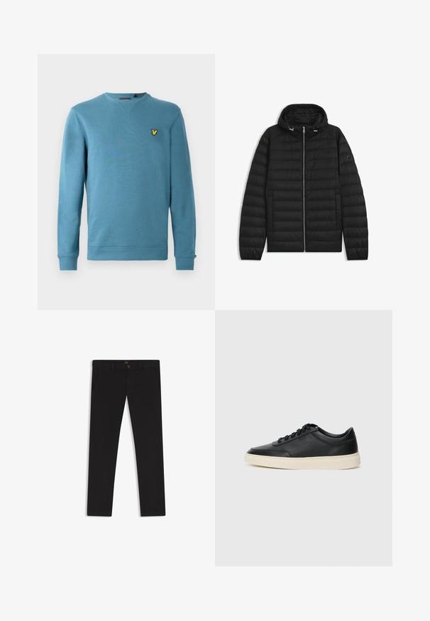 Svart puffjacka med huva, med quiltade paneler, framdragkedja och sidofickor. Inkluderar en liten logotyp på vänster ärm.; Ljusblå crewneck-tröja i mjukt material med ribbade muddar och fåll, med en liten gul broderad logotyp på bröstet.; Svarta byxor gjorda av tyg med en slät textur. Har en knäppning med knapp, bälteshällor och sidofickor. Standard rakt ben-design.; Svart låg skor i läder med svarta snören och off-white sula, visas i sidoprofil på vit bakgrund.