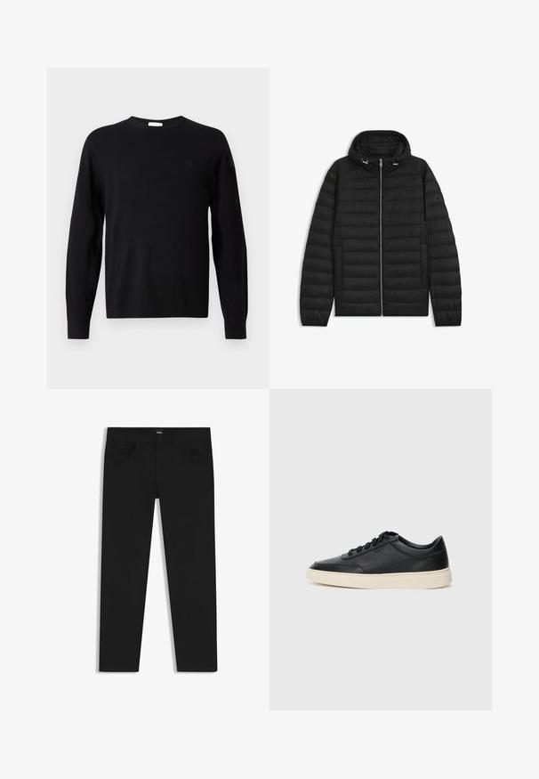 Zwarte pufferjack met een capuchon, voorzien van doorgestikte panelen, een rits aan de voorkant en zijzakken. Inclusief een klein logo op de linker mouw.; Zwarte lange mouw crewneck trui met subtiele "cK" logo op de linkerborst, geribbelde manchetten en zoom, weergegeven op een witte achtergrond.; Zwarte denim broek met een rechte snit, voorzien van een standaard tailleband, vijf zakken en een knoopsluiting. Gladde textuur overal.; Zwarte leren sneaker met lage schacht, zwarte veters en off-white zool, weergegeven in zijprofiel op een witte achtergrond.