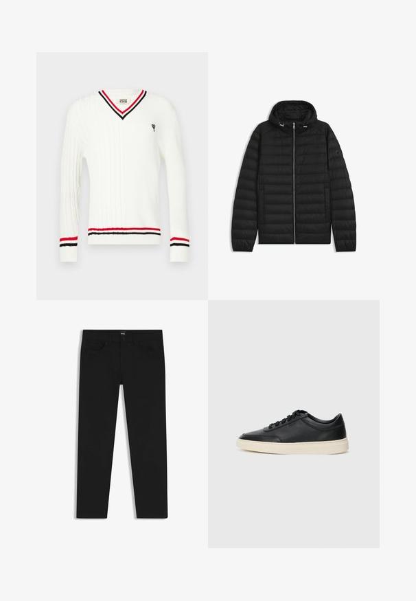 Zwarte pufferjack met een capuchon, voorzien van doorgestikte panelen, een rits aan de voorkant en zijzakken. Inclusief een klein logo op de linker mouw.; Witte kabelgebreide trui met een V-hals, voorzien van zwart-rode strepen op de kraag en manchetten, en een kleine geborduurde afbeelding.; Zwarte denim broek met een rechte snit, voorzien van een standaard tailleband, vijf zakken en een knoopsluiting. Gladde textuur overal.; Zwarte leren sneaker met lage schacht, zwarte veters en off-white zool, weergegeven in zijprofiel op een witte achtergrond.