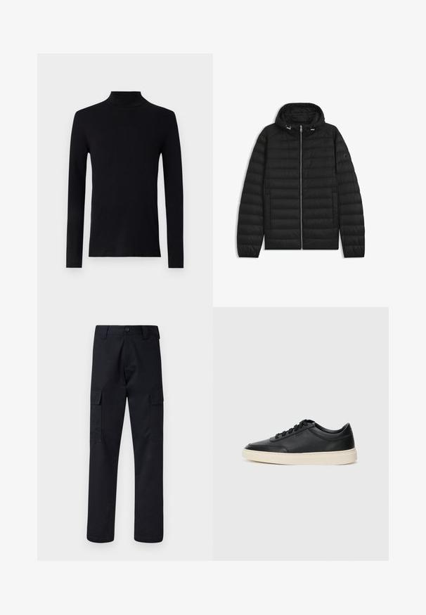 Black puffer jacket with a hood, featuring quilted panels, a front zipper, and side pockets. Includes a small logo on the left sleeve.; Black long-sleeve turtleneck shirt made of soft fabric with a fitted silhouette and ribbed neckline. No visible patterns or accents.; Black cargo pants made of sturdy fabric, featuring a straight-leg cut, two side pockets, and a button closure at the waistband.; Black low-top leather sneaker with black laces and off-white sole shown in side profile on white background.