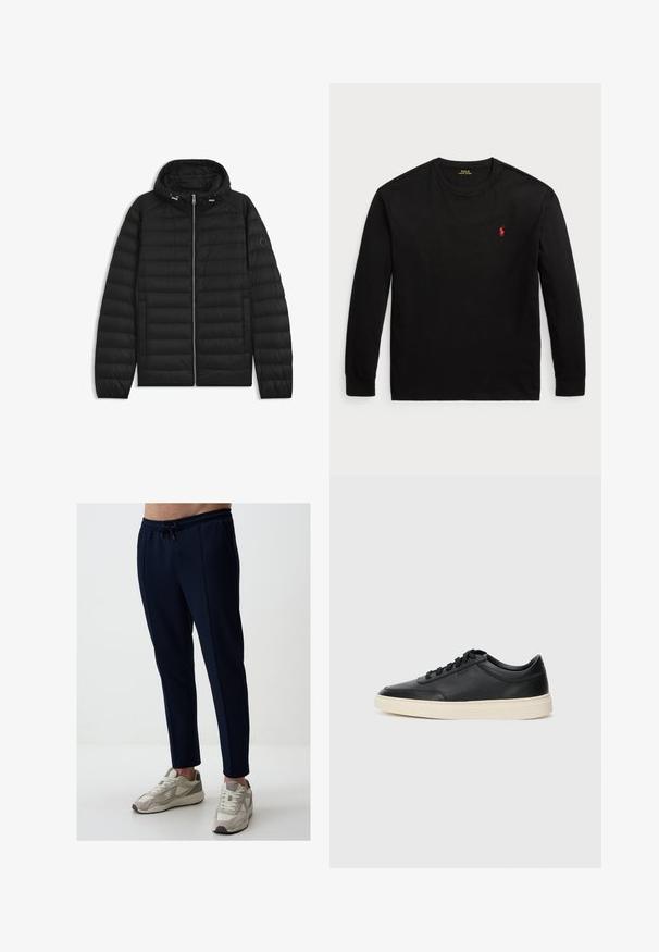 Giubbotto piumino nero con cappuccio, caratterizzato da pannelli trapuntati, una zip frontale e tasche laterali. Include un piccolo logo sulla manica sinistra.; T-shirt nero a maniche lunghe in cotone. Presenta un collo tondo, polsini a coste e un piccolo logo rosso ricamato sul petto. Texture liscia.; Pantaloni sportivi navy con vita regolabile, vestibilità tapered, tasche laterali e una texture liscia. Abbinati a sneaker grigie e bianche.; Sneaker in pelle nera a basso profilo con lacci neri e suola avorio, mostrato di profilo su sfondo bianco.