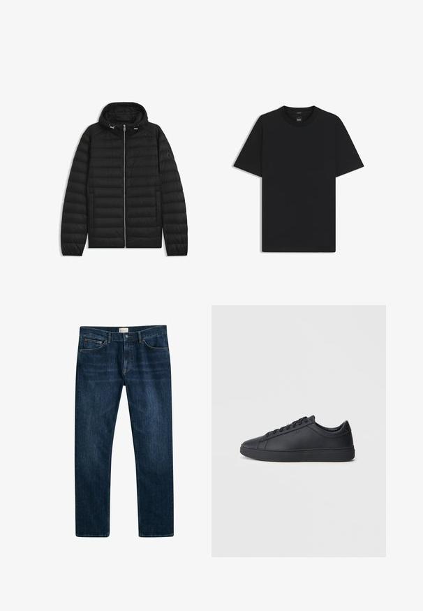 Svart puffjacka med huva, med quiltade paneler, framdragkedja och sidofickor. Inkluderar en liten logotyp på vänster ärm.; Svart kortärmad T-shirt i en mjuk bomullsblandning, med rundad halsringning och en minimalistisk design utan mönster eller detaljer.; Mörkblå denimjeans med rak passform, knapp- och dragkedjestängning samt framfickor. Slät textur och minimal blekning.; Svarta sneakers i slätt läder med låg design, rund tå och platt gummisula. Har snörning och subtil branding.