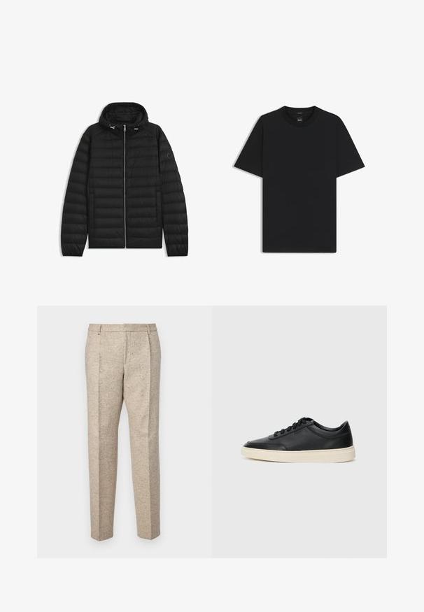 Schwarze Daunenjacke mit Kapuze, ausgestattet mit gesteppten Paneelen, einem Reißverschluss auf der Vorderseite und Seitentaschen. Enthält ein kleines Logo auf dem linken Ärmel.; Schwarz T-Shirt mit kurzen Ärmeln aus einem glatten Baumwollmix, mit Rundhalsausschnitt und einem minimalistischen Design ohne Muster oder Akzente.; Beige maßgeschneiderte Hose aus strukturiertem Stoff, mit zwei vorderen Falten, Gürtelschlaufen und geradem Bein.; Schwarzer niedriger Ledersneaker mit schwarzen Schnürsenkeln und cremefarbenem Sohlenrand, seitlich auf weißem Hintergrund dargestellt.