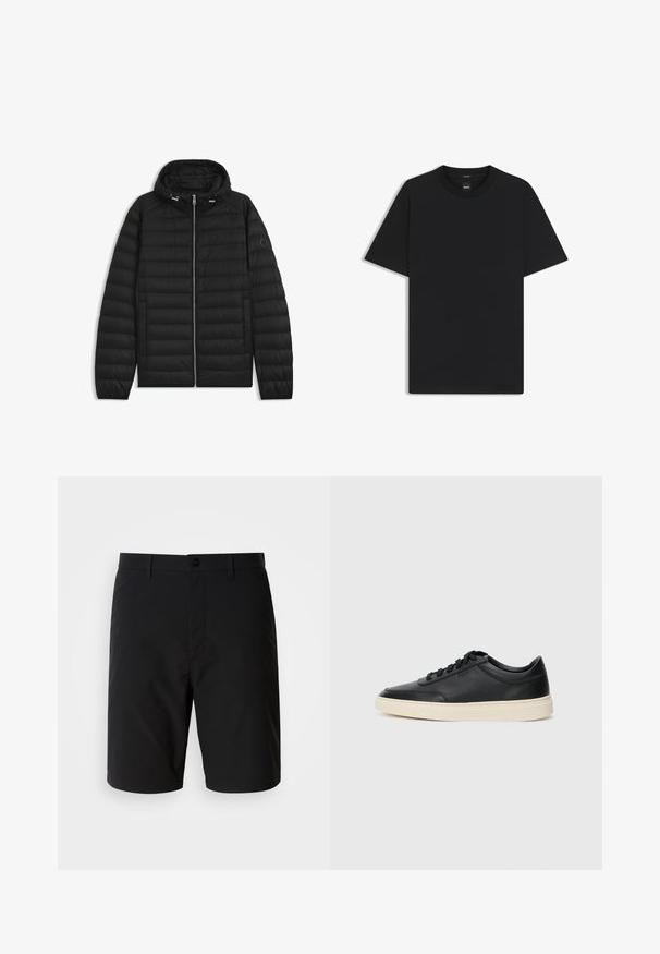 Giubbotto piumino nero con cappuccio, caratterizzato da pannelli trapuntati, una zip frontale e tasche laterali. Include un piccolo logo sulla manica sinistra.; Maglietta nera a maniche corte realizzata in un morbido misto cotone, con scollatura a girocollo e un design minimalista senza motivi o dettagli.; Pantaloni corti neri realizzati in un tessuto leggero e liscio. Presentano una chiusura con bottone e un taglio pulito e dritto, senza motivi visibili.; Sneaker in pelle nera a basso profilo con lacci neri e suola avorio, mostrato di profilo su sfondo bianco.