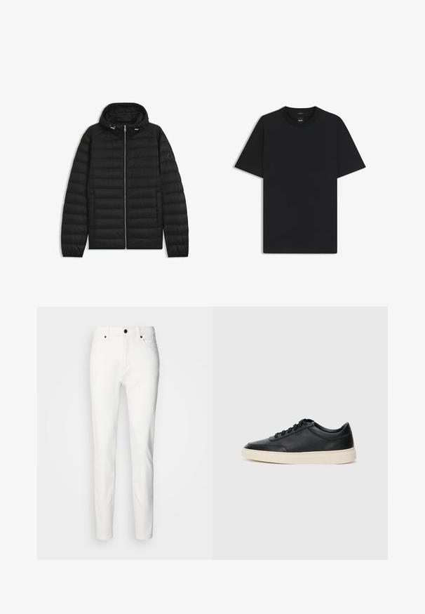 Giubbotto piumino nero con cappuccio, caratterizzato da pannelli trapuntati, una zip frontale e tasche laterali. Include un piccolo logo sulla manica sinistra.; Maglietta nera a maniche corte realizzata in un morbido misto cotone, con scollatura a girocollo e un design minimalista senza motivi o dettagli.; Jeans in denim bianco con una vestibilità slim, dotati di chiusura frontale con bottone, due tasche anteriori e una finitura pulita. Nessun motivo o dettaglio visibile.; Sneaker in pelle nera a basso profilo con lacci neri e suola avorio, mostrato di profilo su sfondo bianco.