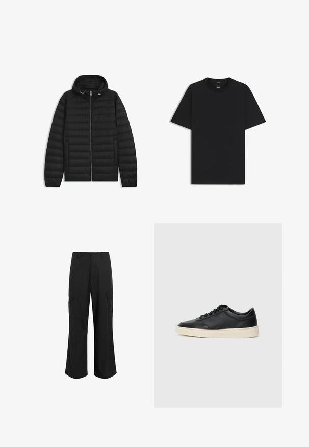 Zwarte pufferjack met een capuchon, voorzien van doorgestikte panelen, een rits aan de voorkant en zijzakken. Inclusief een klein logo op de linker mouw.; Zwarte korte mouwen T-shirt van een gladde katoenmix, met een ronde halslijn en een minimalistisch ontwerp zonder patronen of accenten.; Zwarte cargobroek van lichtgewicht stof, met een relaxte pasvorm, twee grote zijzakken en een knoopsluiting.; Zwarte leren sneaker met lage schacht, zwarte veters en off-white zool, weergegeven in zijprofiel op een witte achtergrond.