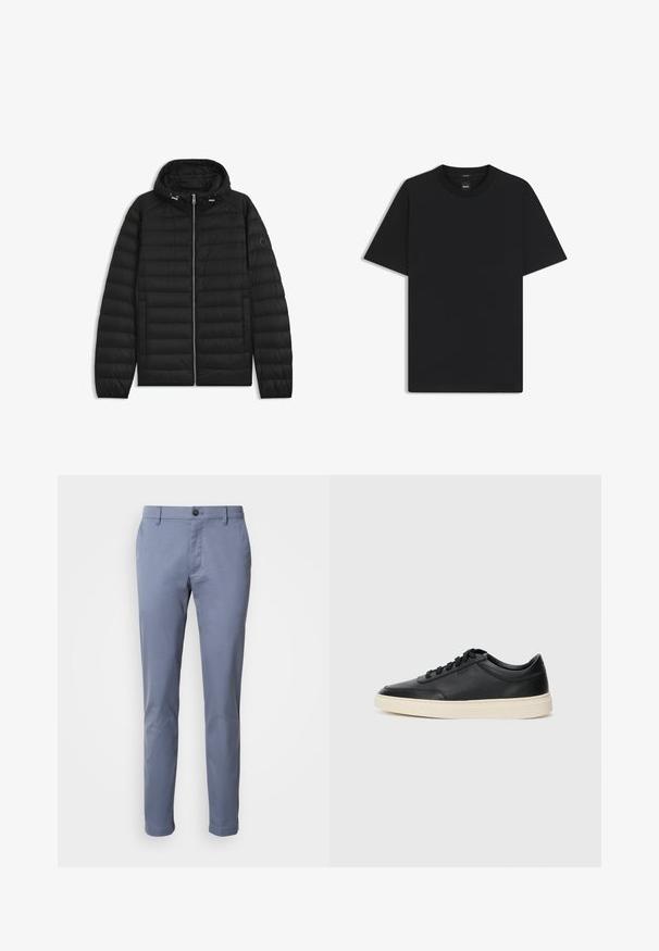 Czarna kurtka puchowa z kapturem, z pikowanymi panelami, z suwakiem z przodu i kieszeniami po bokach. Zawiera małe logo na lewym rękawie.; Czarny t-shirt krótki rękaw wykonany z gładkiej mieszanki bawełny, z okrągłym dekoltem i minimalistycznym designem bez wzorów czy akcentów.; Jasnoniebieskie, slim-fit chinos wykonane z bawełny. Posiadają zapięcie na guzik i kieszenie boczne, charakteryzują się gładką strukturą i dopasowanym krojem.; Czarne niskie skórzane sneakersy z czarnymi sznurówkami i off-white podeszwą, prezentowane w profilu bocznym na białym tle.