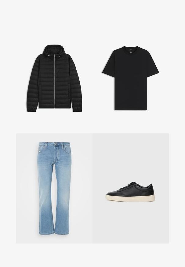 Czarna kurtka puchowa z kapturem, z pikowanymi panelami, z suwakiem z przodu i kieszeniami po bokach. Zawiera małe logo na lewym rękawie.; Czarny t-shirt krótki rękaw wykonany z gładkiej mieszanki bawełny, z okrągłym dekoltem i minimalistycznym designem bez wzorów czy akcentów.; Jasnoniebieskie dżinsy o szerokim kroju, z kieszeniami, zapinane na guzik, z delikatnym wyblaknięciem, które nadaje im efekt noszenia.; Czarne niskie skórzane sneakersy z czarnymi sznurówkami i off-white podeszwą, prezentowane w profilu bocznym na białym tle.