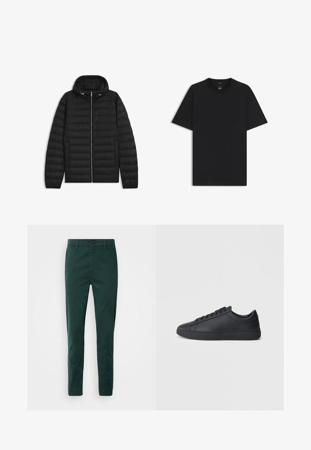 Schwarze Daunenjacke mit Kapuze, ausgestattet mit gesteppten Paneelen, einem Reißverschluss auf der Vorderseite und Seitentaschen. Enthält ein kleines Logo auf dem linken Ärmel.; Schwarz T-Shirt mit kurzen Ärmeln aus einem glatten Baumwollmix, mit Rundhalsausschnitt und einem minimalistischen Design ohne Muster oder Akzente.; Dunkelgrüne Chinos aus Baumwolle, mit geradem Schnitt, frontalen Taschen, einem Reißverschluss und einem braunen Knopf am Bund.; Schwarze Sneaker aus glattem Leder mit einem tiefen Design, runder Zehenform und flacher Gummi-Sohle. Mit Schnürsenkeln und dezentem Branding.