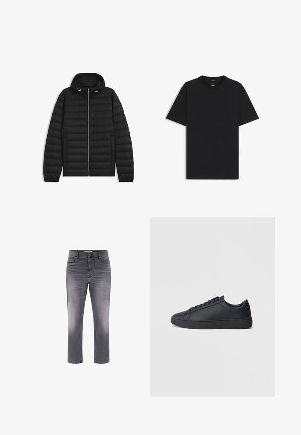 Musta puhvitakki hupparilla, jossa on tikatut paneelit, etuvetoketju ja sivutaskut. Mukana on pieni logo vasemmassa hihassa.; Musta lyhythiha T-paita, joka on valmistettu sileästä puuvillasekoitteesta. Paita on varustettu pyöreällä pääntiehen ja siinä on minimaalinen muotoilu ilman kuvioita tai yksityiskohtia.; Harmaan denimpöksyt, joissa on viiden taskun muotoilu, suora leikkaus ja haalistunut pinta. Varustettu nappi- ja erottuvilla ompeluyksityiskohdilla.; Mustat lenkkarit, jotka on valmistettu sileästä nahasta, matalalla varrella, pyöreällä varvalla ja tasaisella kumipohjalla. Varusteena nauhat ja huomaamaton brändäys.