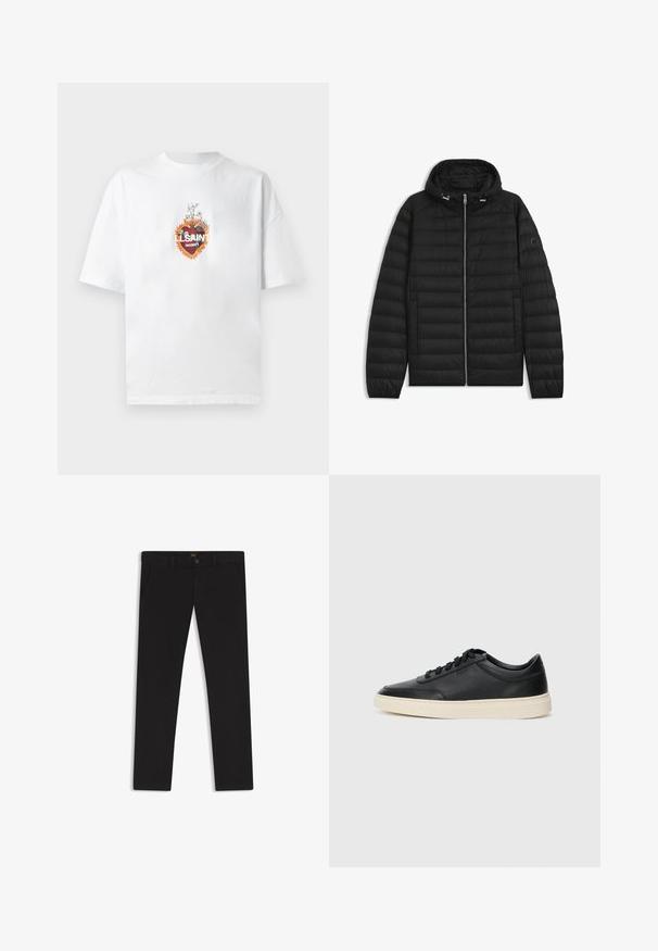 Black puffer jacket with a hood, featuring quilted panels, a front zipper, and side pockets. Includes a small logo on the left sleeve.; White cotton t-shirt featuring a central graphic design with florals, a heart shape, and text "LSAINT N°01" in bold colors.; Black trousers made of fabric with a smooth texture. Features a button closure, belt loops, and side pockets. Standard straight-leg design.; Black low-top leather sneaker with black laces and off-white sole shown in side profile on white background.