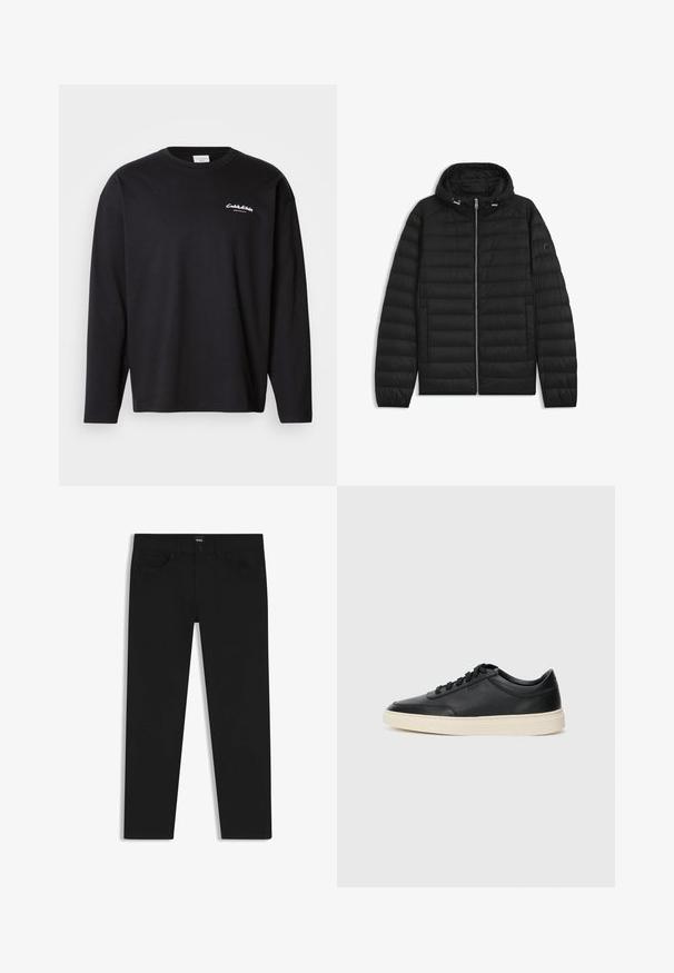 Schwarze Daunenjacke mit Kapuze, ausgestattet mit gesteppten Paneelen, einem Reißverschluss auf der Vorderseite und Seitentaschen. Enthält ein kleines Logo auf dem linken Ärmel.; Schwarzes Langarm-T-Shirt aus Baumwolle mit Rundhalsausschnitt. Merkmale ein weißes Logo auf der linken Brust und einen lockeren Schnitt. Glatte Textur.; Schwarze Denim-Hosen mit geradem Schnitt, ausgestattet mit einem Standardbund, fünf Taschen und einem Knopfverschluss. Angenehme, glatte Textur.; Schwarzer niedriger Ledersneaker mit schwarzen Schnürsenkeln und cremefarbenem Sohlenrand, seitlich auf weißem Hintergrund dargestellt.