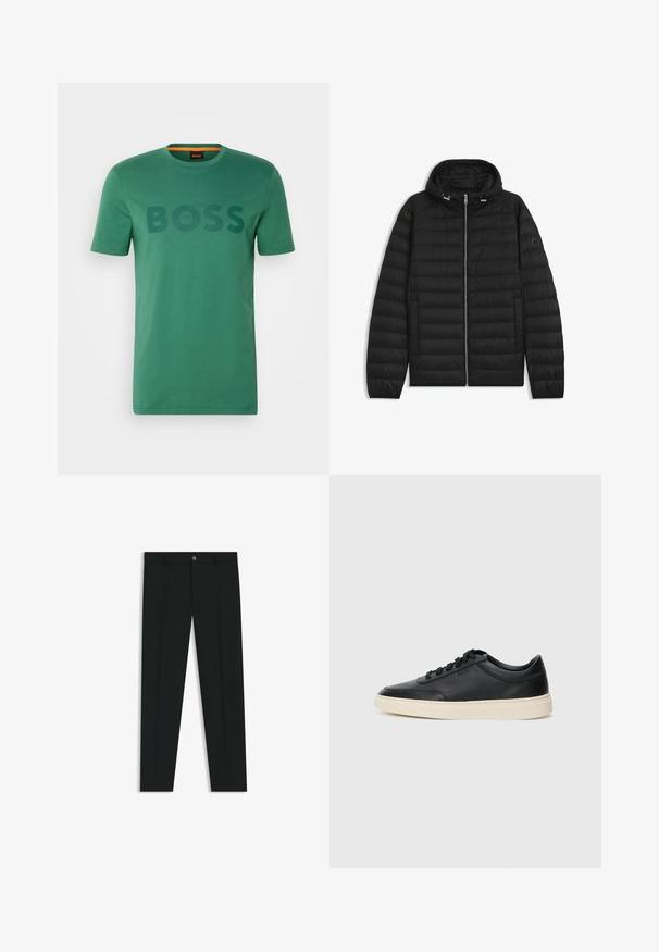 Svart puffjacka med huva, med quiltade paneler, framdragkedja och sidofickor. Inkluderar en liten logotyp på vänster ärm.; Grön bomullströja med korta ärmar och rund halsringning, med texten "BOSS" i en mörkare grön färg över bröstet.; Svarta dressbyxor med rak bendesign, gjorda av ett mjukt tyg. Har stängning med frontknapp och bälteshällor. Enfärgade utan mönster.; Svart låg skor i läder med svarta snören och off-white sula, visas i sidoprofil på vit bakgrund.