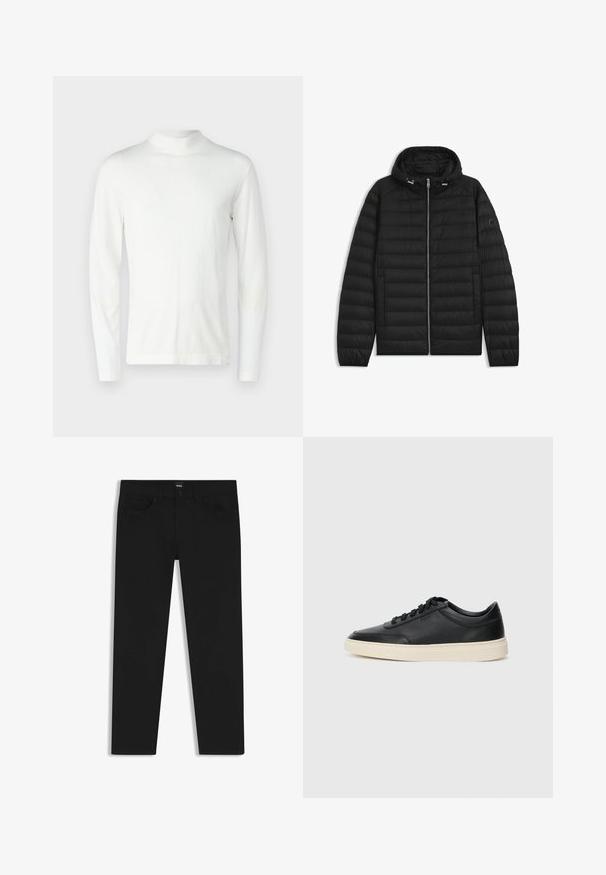 Musta puhvitakki hupparilla, jossa on tikatut paneelit, etuvetoketju ja sivutaskut. Mukana on pieni logo vasemmassa hihassa.; Pitkähihaine valkoinen korkeakauluspaita, joka on valmistettu pehmeästä kankaasta. Sen muotoilu on istuva ja saumat ovat saumattomat, jolloin pinta on sileä.; Musta farkkutakki suoran leikkauksen kanssa, varustettuna tavallisella vyötäröllä, viidellä taskulla ja nappisulkimella. Yhtenäinen sileä pinta.; Musta matalavartinen nahkastretchu, jossa on mustat nauhat ja vaaleanharmaa pohja, esitetty sivuprofiilissa valkoista taustaa vasten.