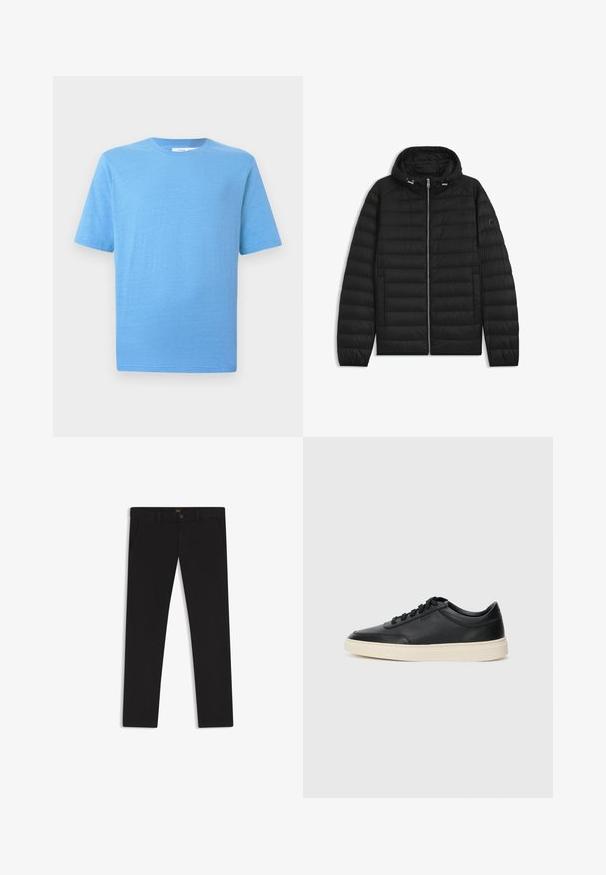 Black puffer jacket with a hood, featuring quilted panels, a front zipper, and side pockets. Includes a small logo on the left sleeve.; Short-sleeve T-shirt in light blue, made of soft fabric. Features a classic crew neck and straight-cut hem, with subtle texture detail.; Black trousers made of fabric with a smooth texture. Features a button closure, belt loops, and side pockets. Standard straight-leg design.; Black low-top leather sneaker with black laces and off-white sole shown in side profile on white background.