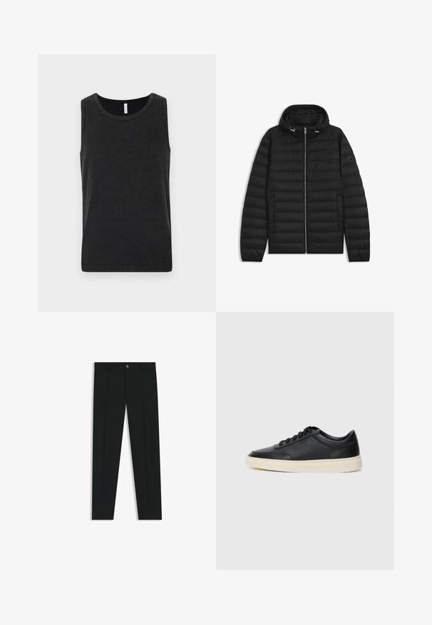 Black puffer jacket with a hood, featuring quilted panels, a front zipper, and side pockets. Includes a small logo on the left sleeve.; Black cotton tank top with a round neckline, sleeveless design, and a smooth texture. Features a simple and classic cut.; Black dress pants with a straight-leg design, made of smooth fabric. Features a front button closure and belt loops. Plain without patterns.; Black low-top leather sneaker with black laces and off-white sole shown in side profile on white background.