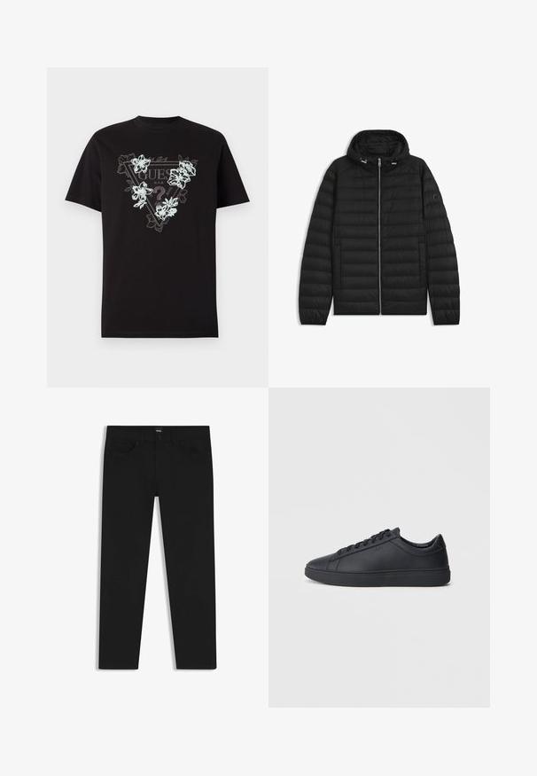 Black puffer jacket with a hood, featuring quilted panels, a front zipper, and side pockets. Includes a small logo on the left sleeve.; Black cotton t-shirt featuring a triangular logo with a floral design in light blue and white. Short sleeves and standard fit.; Black denim trousers with a straight cut, featuring a standard waistband, five pockets, and a button closure. Smooth texture throughout.; Black sneakers made of smooth leather with a low-top design, round toe, and flat rubber sole. Features laces and subtle branding.
