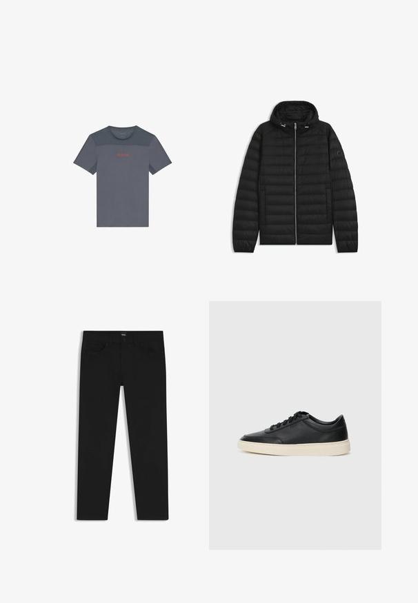 Zwarte pufferjack met een capuchon, voorzien van doorgestikte panelen, een rits aan de voorkant en zijzakken. Inclusief een klein logo op de linker mouw.; Grijze sportieve t-shirt met gaasaccenten, ronde halslijn, korte mouwen en een contrasterend rood "Calvin Klein" logo op de borst.; Zwarte denim broek met een rechte snit, voorzien van een standaard tailleband, vijf zakken en een knoopsluiting. Gladde textuur overal.; Zwarte leren sneaker met lage schacht, zwarte veters en off-white zool, weergegeven in zijprofiel op een witte achtergrond.