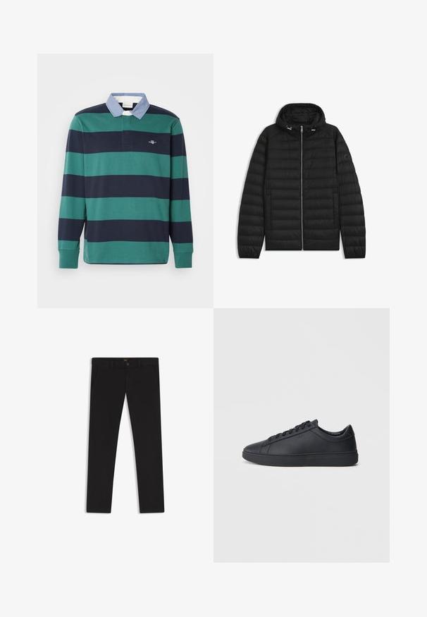 Sort puffjakke med hætte, der har quiltede paneler, en frontlynlås og sidelommer. Inkluderer et lille logo på venstre ærme.; Langærmet polo-shirt med grønne og marineblå vandrette striber, en lyseblå krave og et lille broderet logo på brystet.; Sorte bukser lavet af stof med en glat tekstur. Har en knaplukning, bæltestropper og sidelommer. Standard design med lige ben.; Sorte sneakers lavet af glat læder med lavtopdesign, rund tå og flad gummisål. Har snøringer og subtil branding.