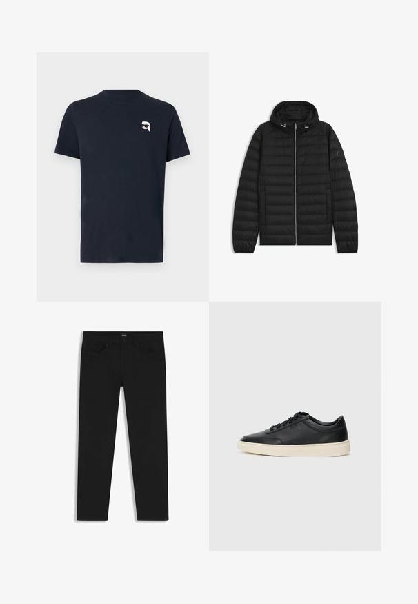 Black puffer jacket with a hood, featuring quilted panels, a front zipper, and side pockets. Includes a small logo on the left sleeve.; Navy blue cotton t-shirt with short sleeves, crew neck, and a small white graphic of a person with sunglasses on the chest.; Black denim trousers with a straight cut, featuring a standard waistband, five pockets, and a button closure. Smooth texture throughout.; Black low-top leather sneaker with black laces and off-white sole shown in side profile on white background.