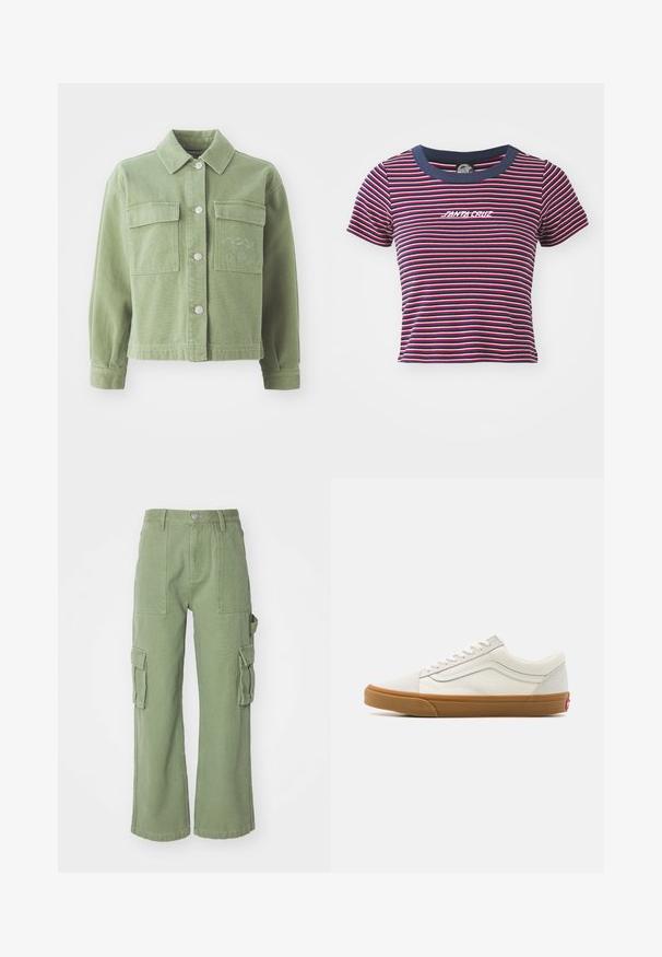 Zielona dżinsowa kurtka z kołnierzykiem, dwiema kieszeniami na piersi, srebrnymi guzikami i haftem na lewej kieszeni.; Pasiasty t-shirt z krótkim rękawem w kolorach granatowym, czerwonym i różowym. Posiada jednolity granatowy dekolt oraz wyszywane logo "SANTA CRUZ" z przodu.; Zielone bawełniane spodnie cargo o szerokich nogawkach, z dwoma dużymi bocznymi kieszeniami i zapięciem na guzik w talii. Materiał teksturowany.; Białe płócienne sneakersy w stylu niskim z gumową podeszwą, okrągłym noskiem, sznurowanym zapięciem oraz skórzaną detalą wzdłuż boku.
