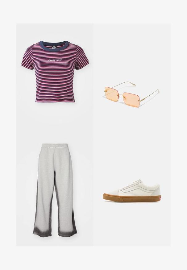 Zaļš džinsas žakets ar apkakli, divām krūšu kabatām, sudraba pogām un izšuvumu kreisajā kabatā.; Svītraina T-krekls ar īsām piedurknēm tumši zilā, sarkanā un rozā krāsā. Piedāvā cietu tumši zilu apkakli un izšūtu "SANTA CRUZ" logotipu priekšpusē.; Pelēki sporta bikses ar struktūru, kurām apakšā ir pakāpeniska tumšākas pelēkas nokrāsas pāreja, elastīga josta un plaša piegriezuma kājas.; Baltās auduma zemas tenisa kurpes ar gumijas zoli, noapaļots purngals, saišu aizdare un sānu ādas svītra.; Zelta metāla rāmja saulesbrilles ar taisnstūrveida oranžajiem stikliem. Izsmalcināti plāni stari un diskretās tekstūras akcenti tuvu pie eņģēm.; Zelta krāsas auskari gredzena formā, plāni un apaļi, ar gludu metāla apdari un bez rotājumiem vai zīmējumiem.