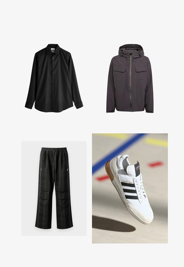Giacca grigia con cappuccio realizzata in un materiale liscio e resistente all'acqua. Presenta due tasche sul petto, tasche laterali con cerniera e un logo ricamato.; Camicia nera a maniche lunghe con colletto strutturato, caratterizzata da una texture liscia e sei bottoni coordinati sul davanti.; Pantaloni a quadri neri con vita elasticizzata, due tasche frontali e una vestibilità ampia con design a gamba dritta. Realizzati in materiale leggero.; Sneaker Adidas Mundial Goal bianca con strisce nere e suola in gomma, mostrata in volo sopra un pavimento di un campo sportivo con linee colorate.